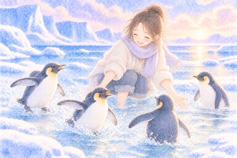水辺でペンギンと楽しそうに遊ぶ女性