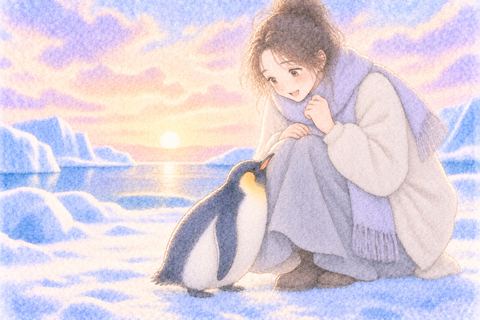 足元へ懐いて寄ってくるペンギンと女性