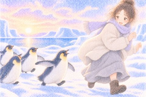 近づくペンギンたちから距離を取る女性