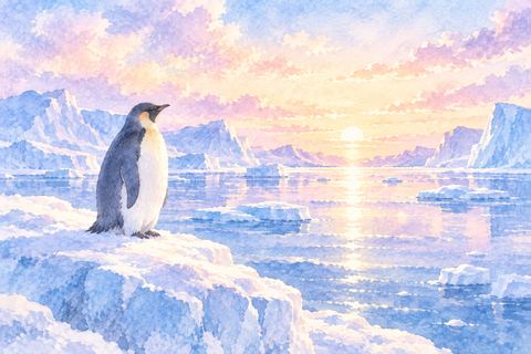 静かな水辺に一匹でたたずむペンギン