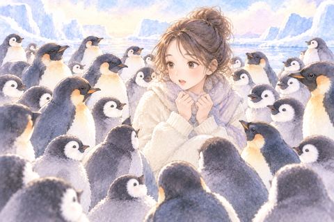 ペンギンの群れに囲まれて戸惑う女性