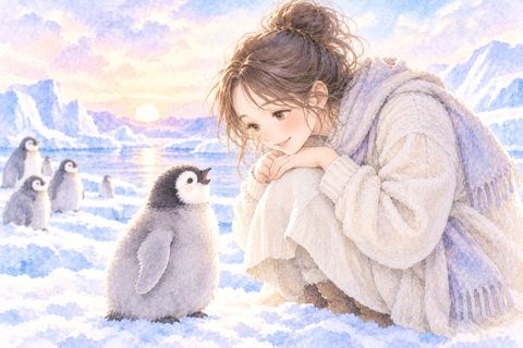 小さなペンギンの子どもを見つめる女性