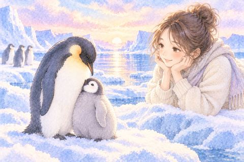 寄り添う親子のペンギンを眺める女性