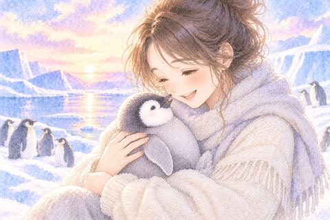 小さなペンギンの子どもを優しく抱く女性