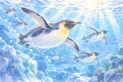澄んだ水中を軽やかに泳ぐペンギン