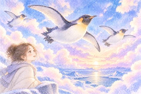 夢の空を翼のように羽ばたいて飛ぶペンギン