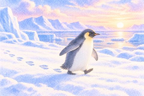 雪の道を一歩ずつ歩くペンギン