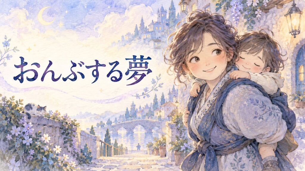 夢の街で子供をおんぶして微笑むアザミと柔らかな光