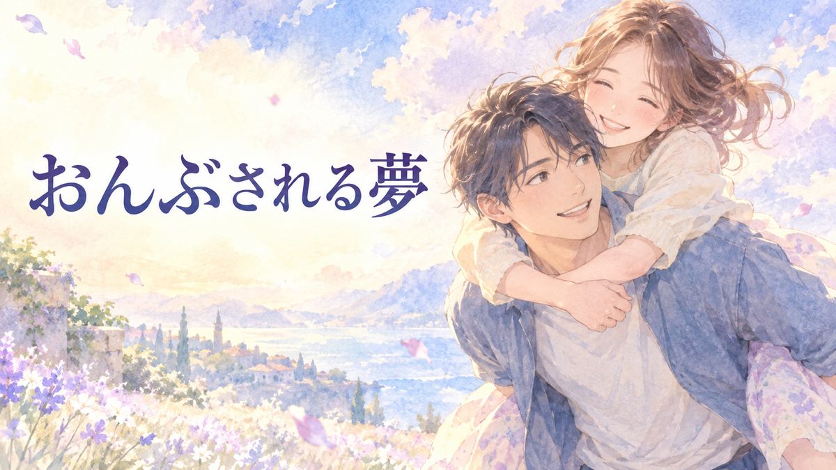 男性におんぶされ穏やかに微笑む大人の女性