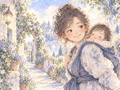 小さな赤ちゃんをおんぶして優しく微笑む女性