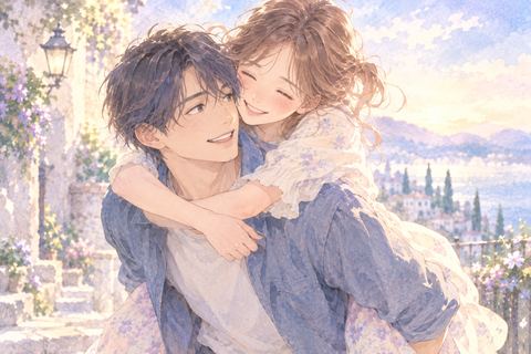 好きな男性におんぶされ嬉しそうな大人の女性