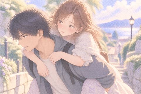 嫌そうな相手におんぶされ申し訳なさそうな女性