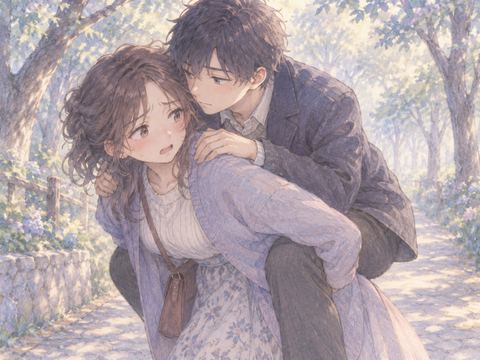 重い成人をおんぶして膝を曲げ踏ん張る女性