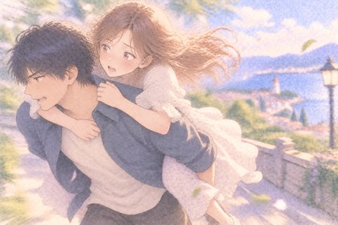 走る男性の背中で驚く大人の女性
