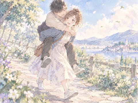 成人を軽々とおんぶして笑顔で歩く女性