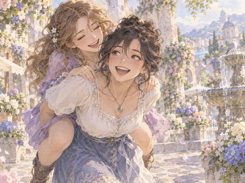 友人をおんぶして二人で楽しそうに笑う女性