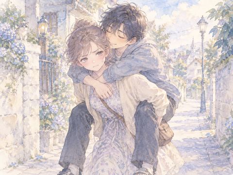 頼まれて仕方なく成人をおんぶし困った顔の女性