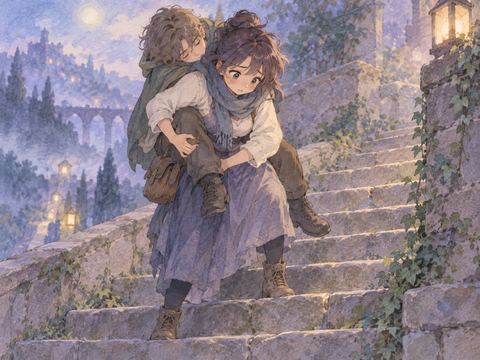 成人をおんぶして穏やかな足取りで小道を歩く女性