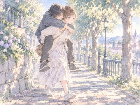 成人をおんぶして息を弾ませながら走る女性