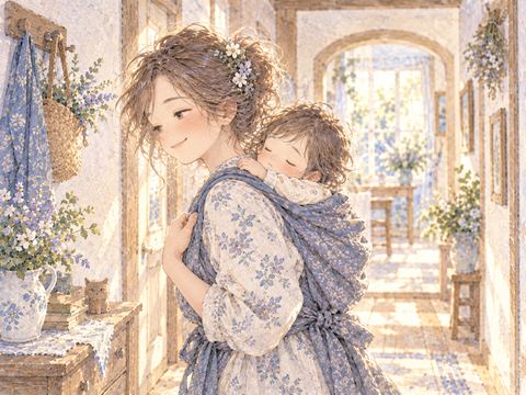 眠る幼い子供をおんぶして安心した表情の母親