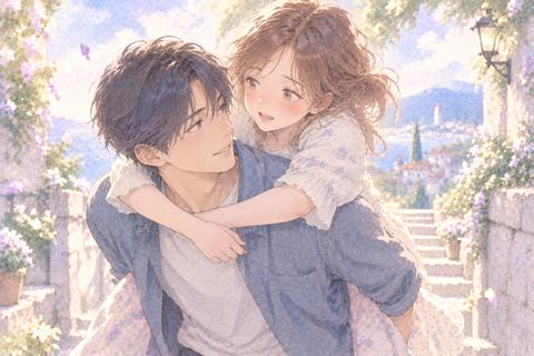 成人男性におんぶされ少し戸惑う大人の女性