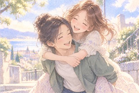 友達におんぶされ笑顔を見せる大人の女性