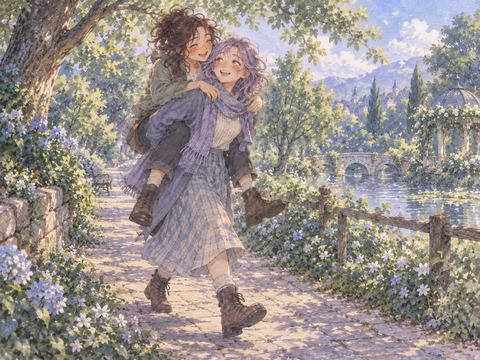 友達をおんぶして楽しそうに笑う女性