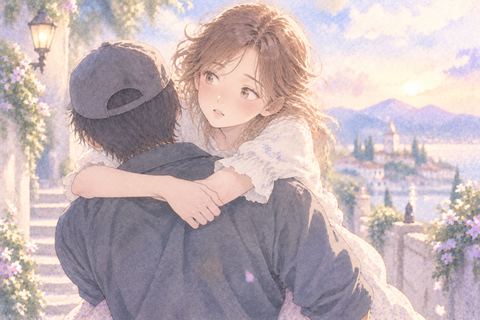 顔の見えない人におんぶされる大人の女性