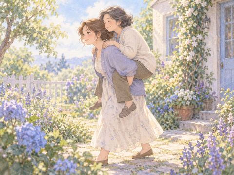 家族をおんぶして穏やかに歩く女性