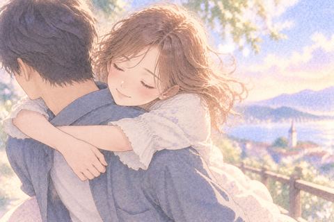 背中に身を預け安心して目を閉じる大人の女性