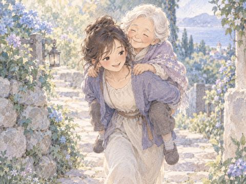 高齢の祖母をおんぶして優しく歩く成人女性