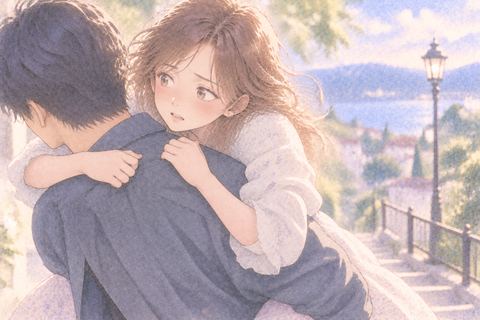 おんぶされながら不安そうに身構える大人の女性