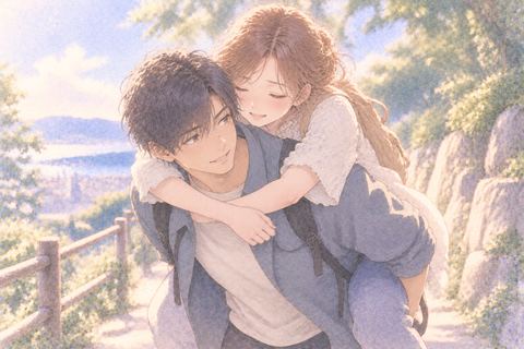 足を痛めて男性におんぶされる大人の女性