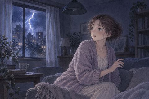 大雨の窓辺で停電に戸惑う女性
