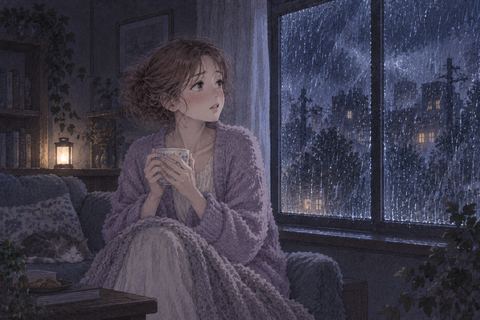 地震後の停電した部屋に立つ女性