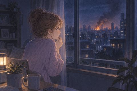 遠くの火と停電に気づく女性