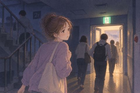 停電した建物から避難する女性