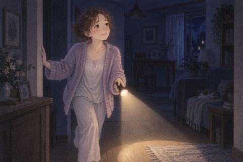 懐中電灯で足元を照らす女性