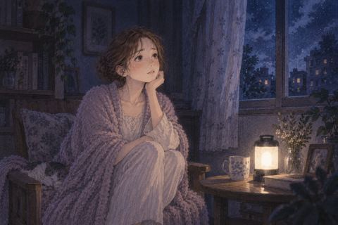 停電した部屋で静かに待つ女性