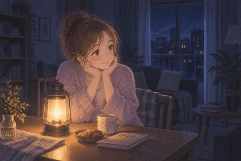 停電中の灯りを楽しむ女性