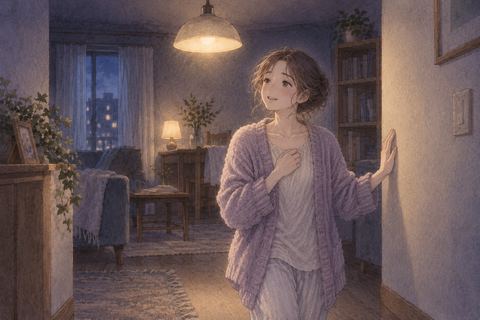 電気が戻りほっとする女性