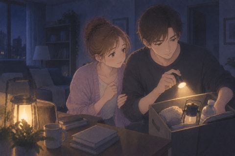 停電中に寄り添って明かりを探す男女