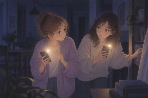 停電中に一緒に明かりを探す友人同士