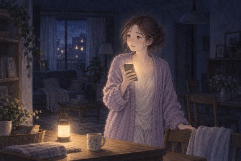 非常灯の明かりで周囲を見る女性