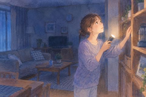 停電した自宅で明かりを探す女性