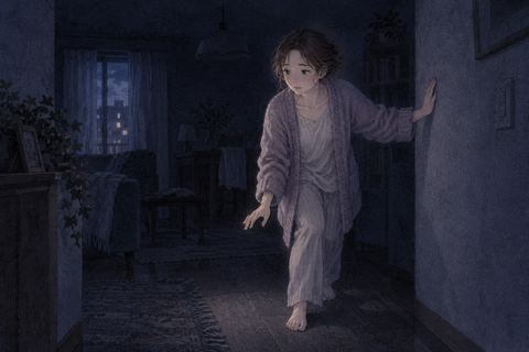 明かりの消えた街を見渡す女性