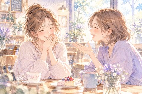 友達に褒められて嬉しそうに笑う大人の女性