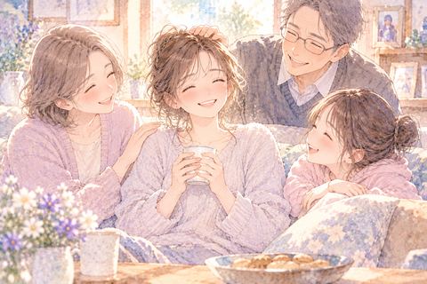 家族に褒められてほっとした表情の大人の女性