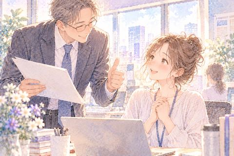 職場で上司に仕事を褒められる大人の女性
