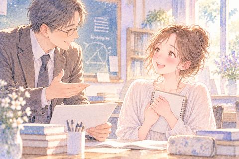 先生に褒められて嬉しそうにする大人の女性